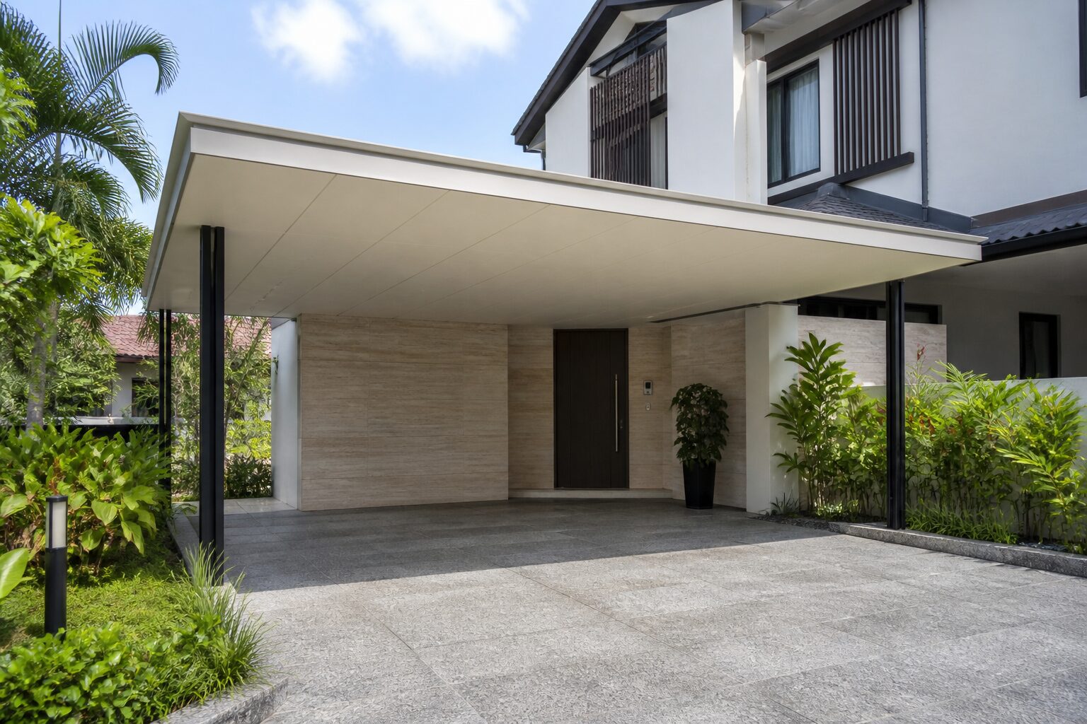 Car porch roofed with Heat-Shield insulated aluminium panels