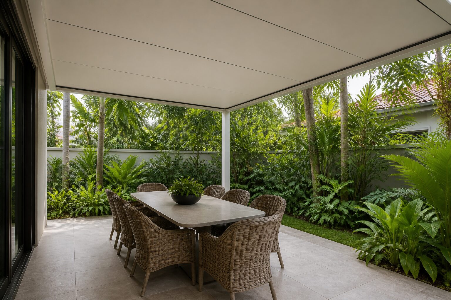 Patio and deck roofed with Heat-Shield insulated aluminium panels
