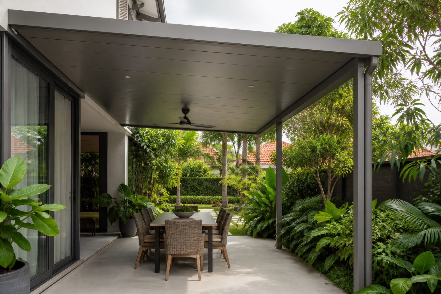 Patio and deck roofed with Heat-Shield insulated aluminium panels