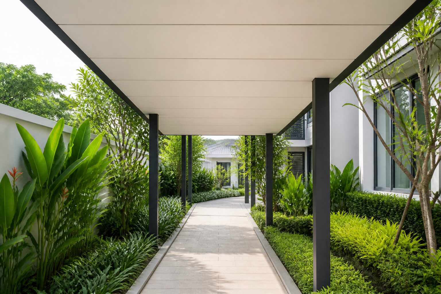 Pergola and walkway roofed with Heat-Shield insulated aluminium panels