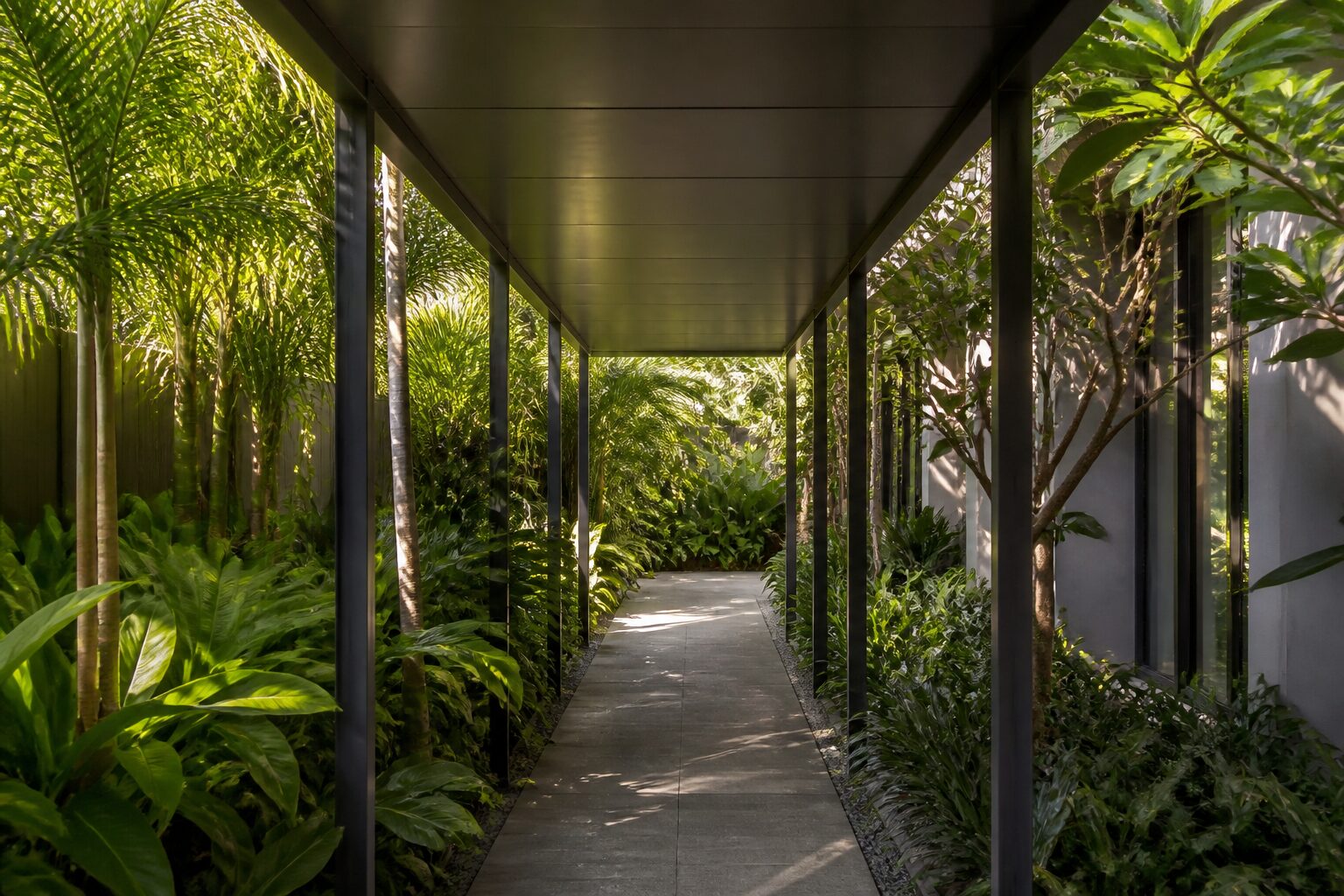 Pergola and walkway roofed with Heat-Shield insulated aluminium panels