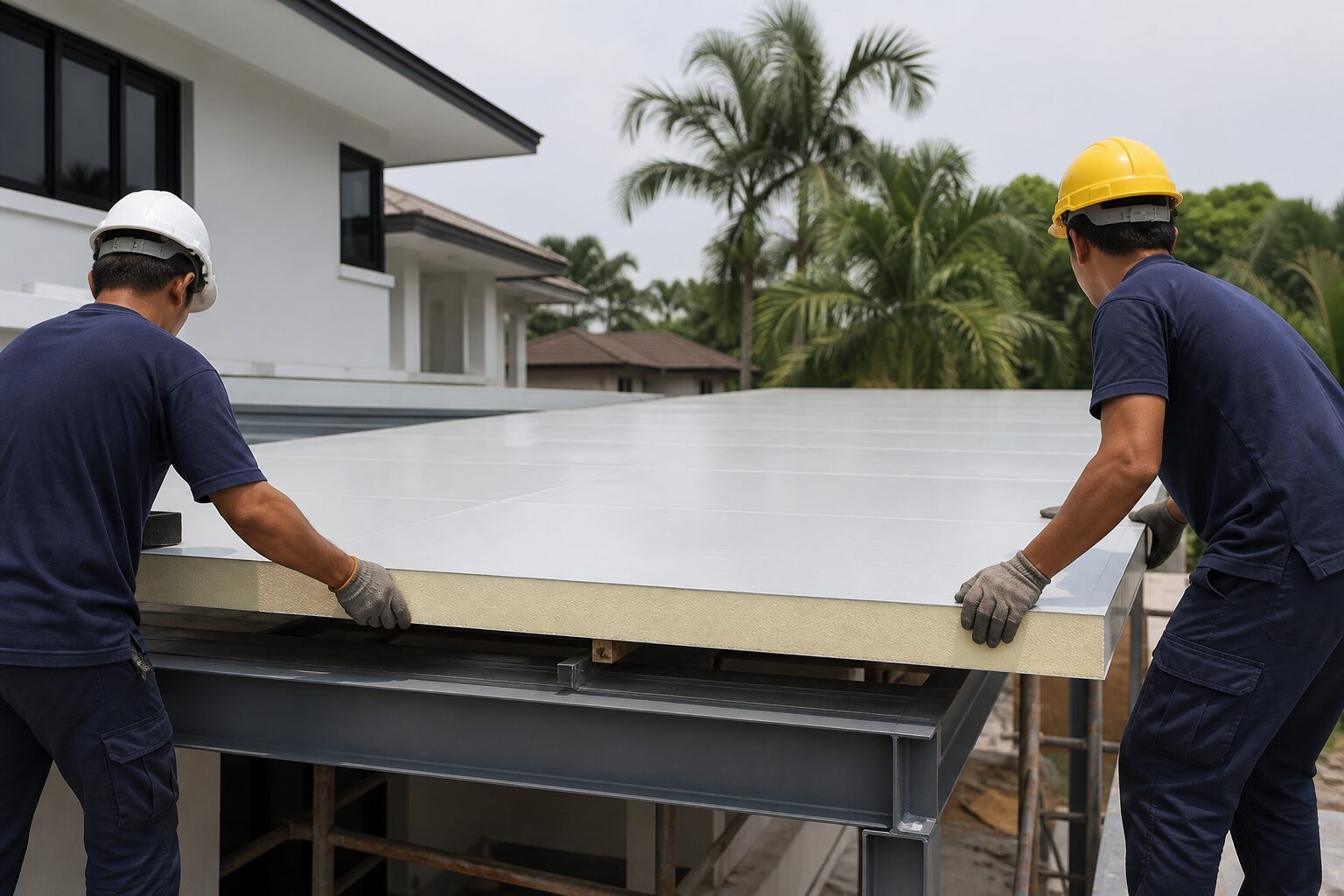 Heat-Shield installers setting an insulated aluminium roof panel